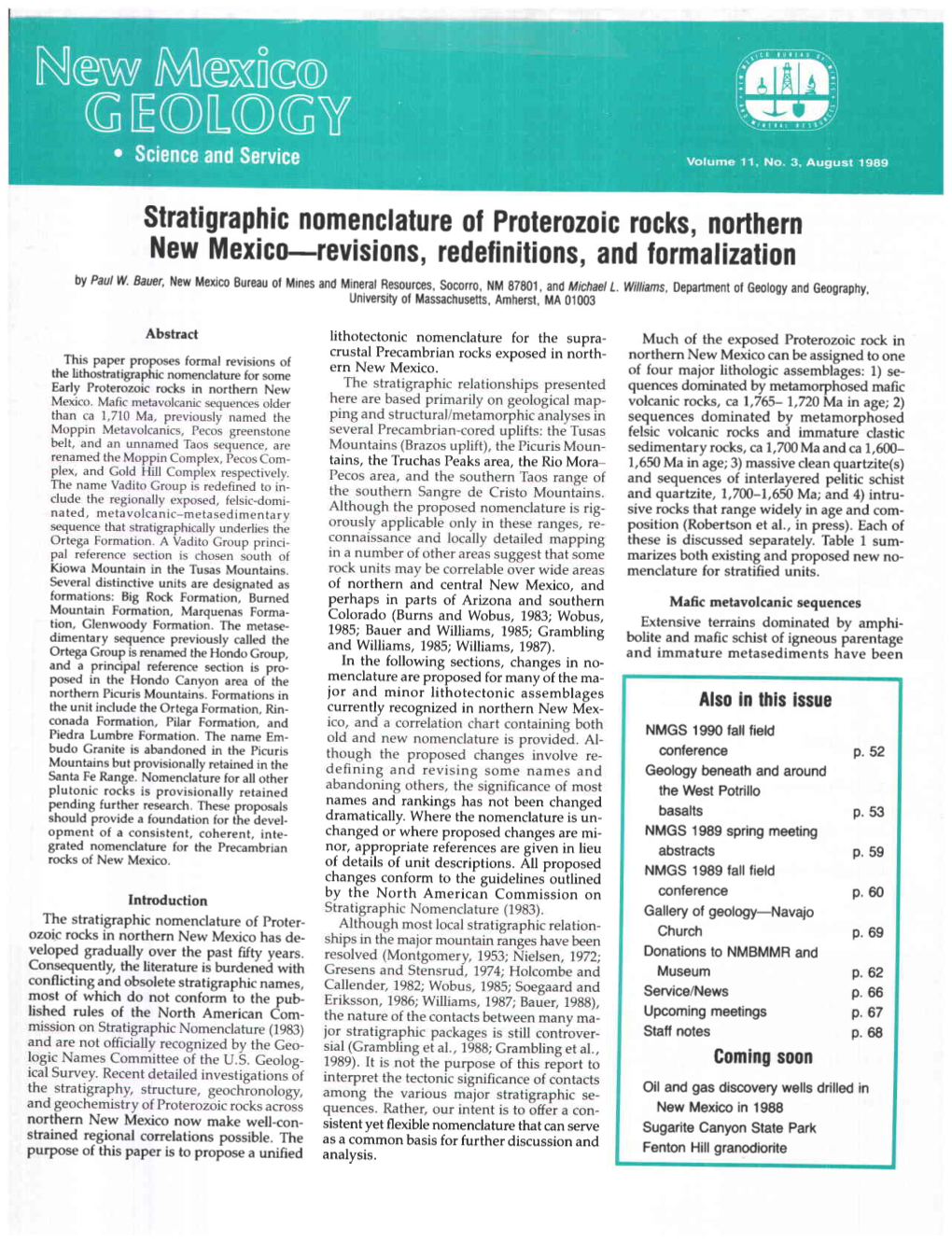 Stratigraphic Nomenclature of Proterozoic Rocks, Northern New