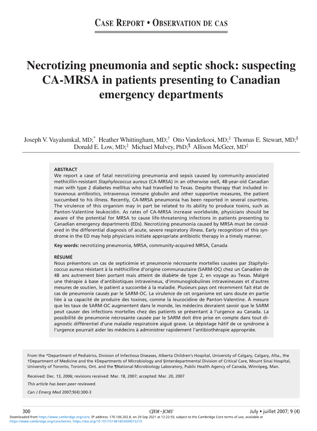 Necrotizing Pneumonia and Septic Shock: Suspecting CA-MRSA in Patients Presenting to Canadian Emergency Departments