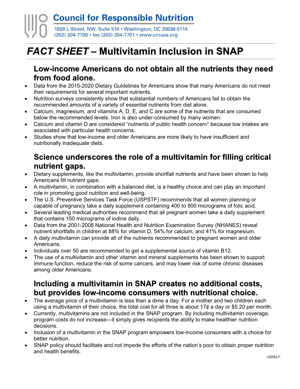 FACT SHEET – Multivitamin Inclusion in SNAP