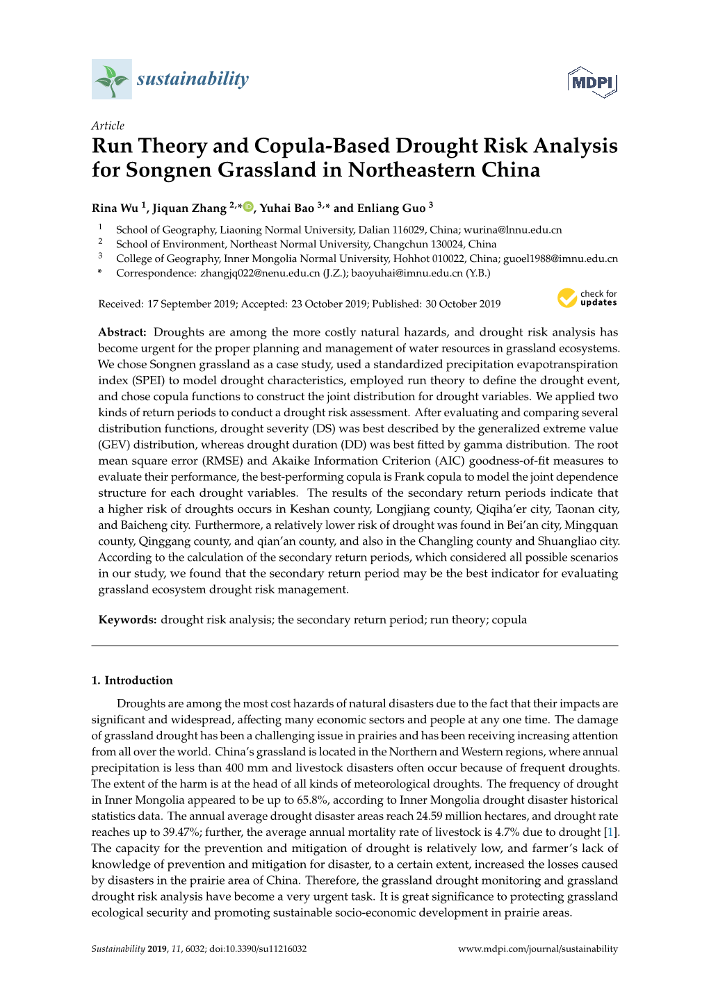 Run Theory and Copula-Based Drought Risk Analysis for Songnen Grassland in Northeastern China