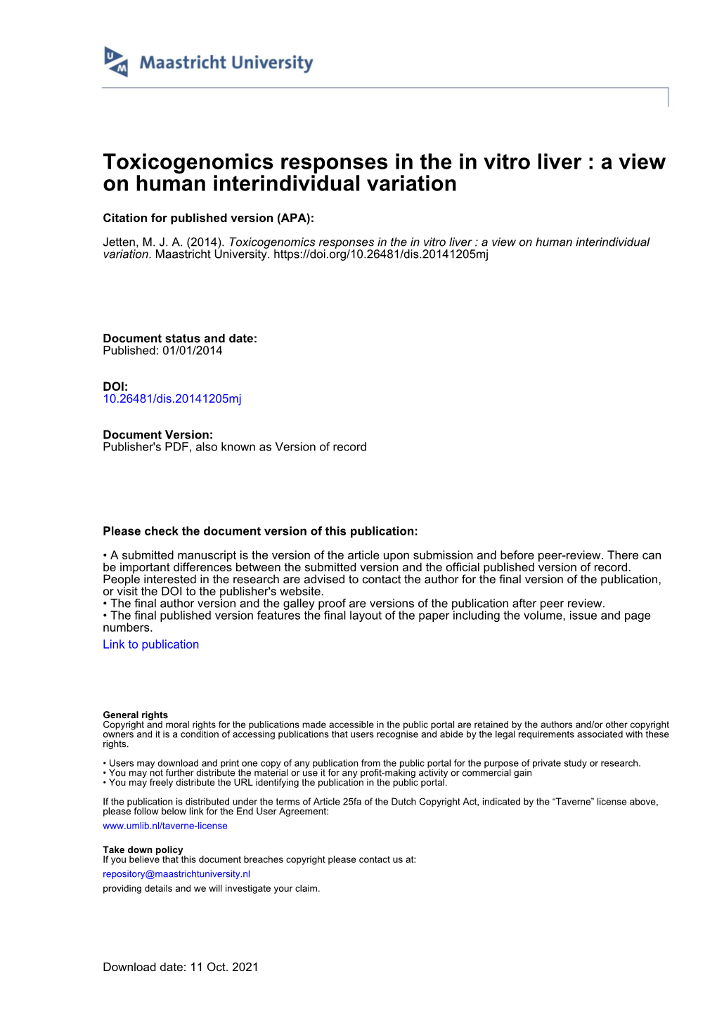 Toxicogenomics Responses in the in Vitro Liver : a View on Human Interindividual Variation