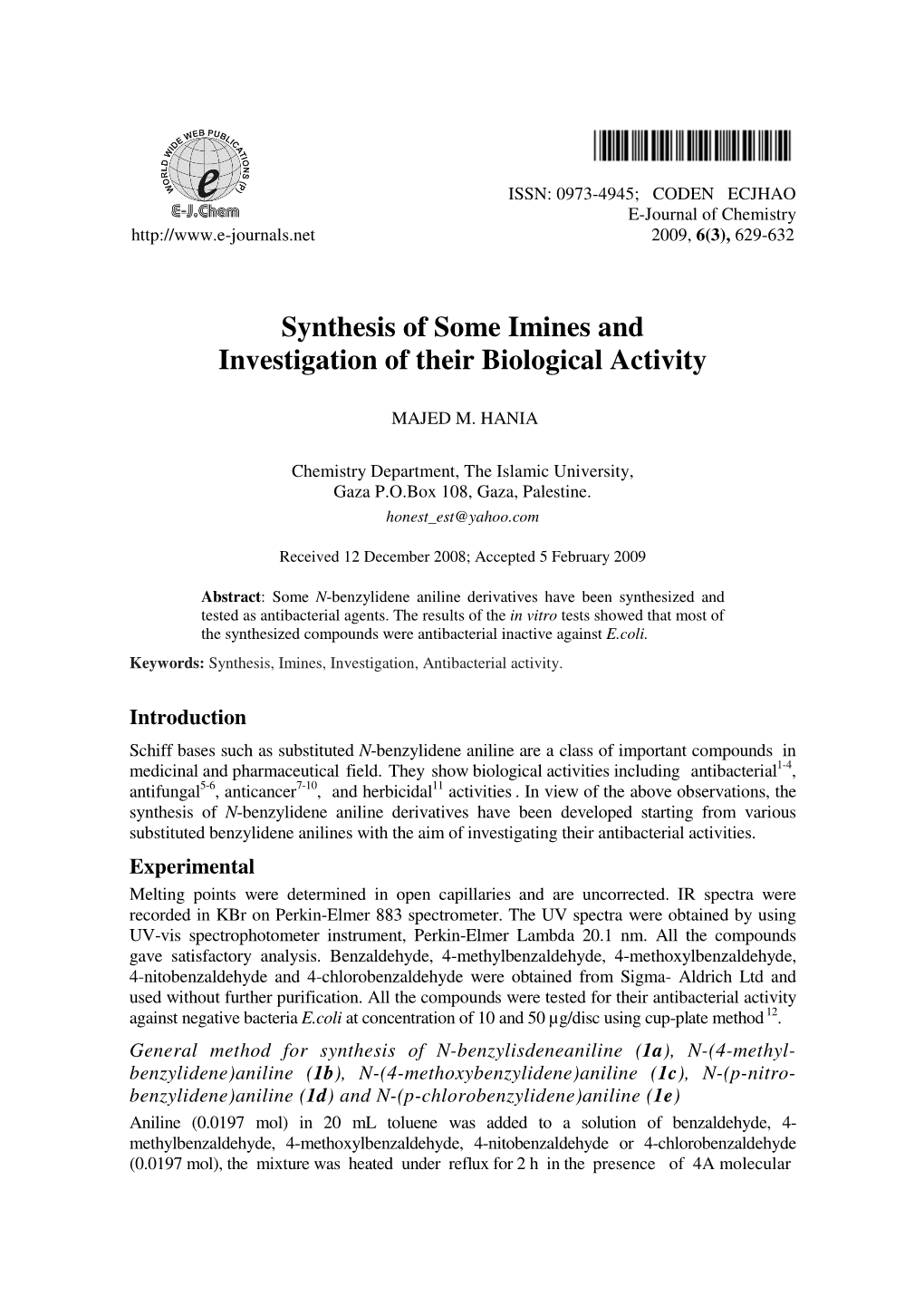 Synthesis of Some Imines and Investigation of Their Biological Activity