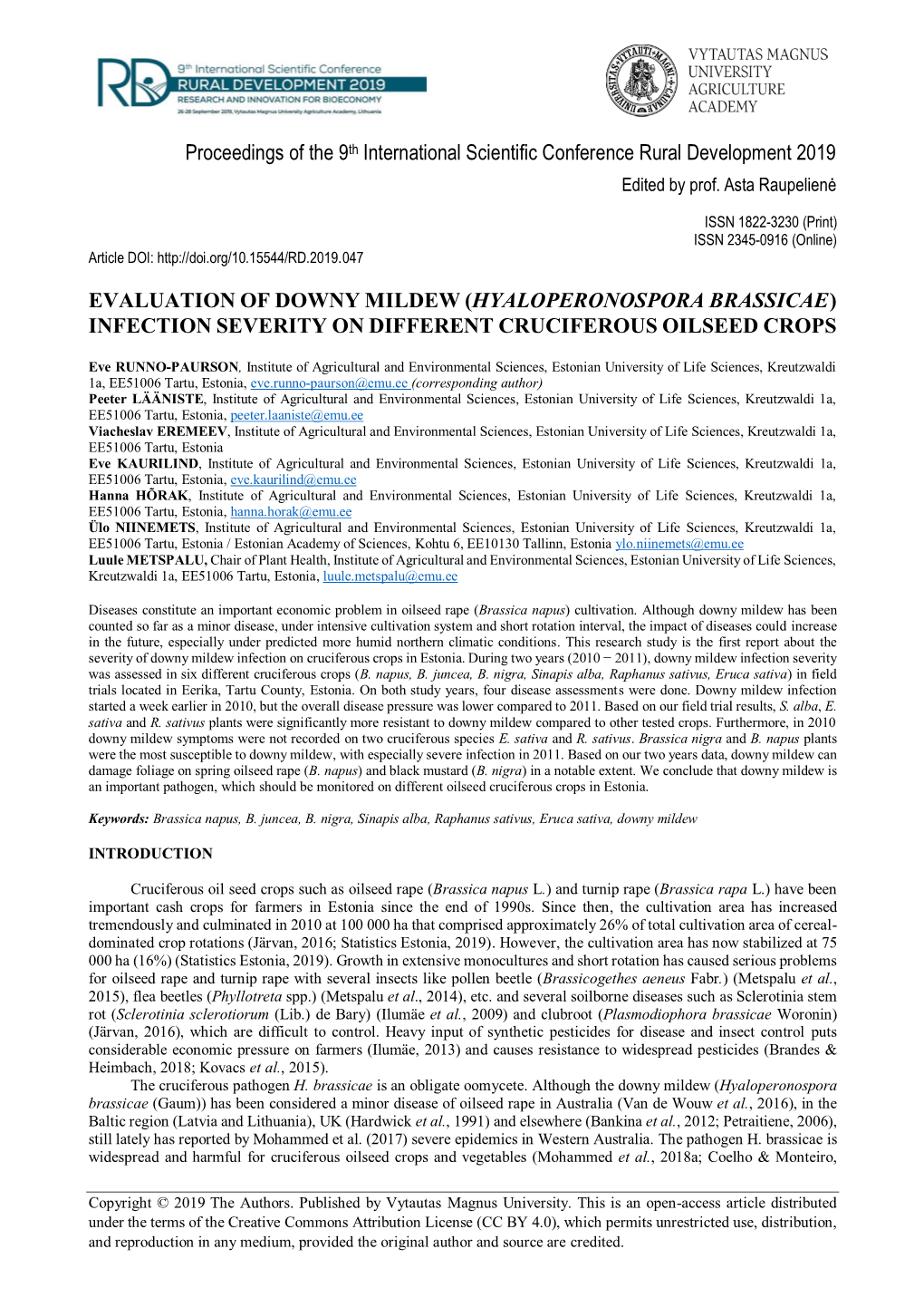 Hyaloperonospora Brassicae) Infection Severity on Different Cruciferous Oilseed Crops