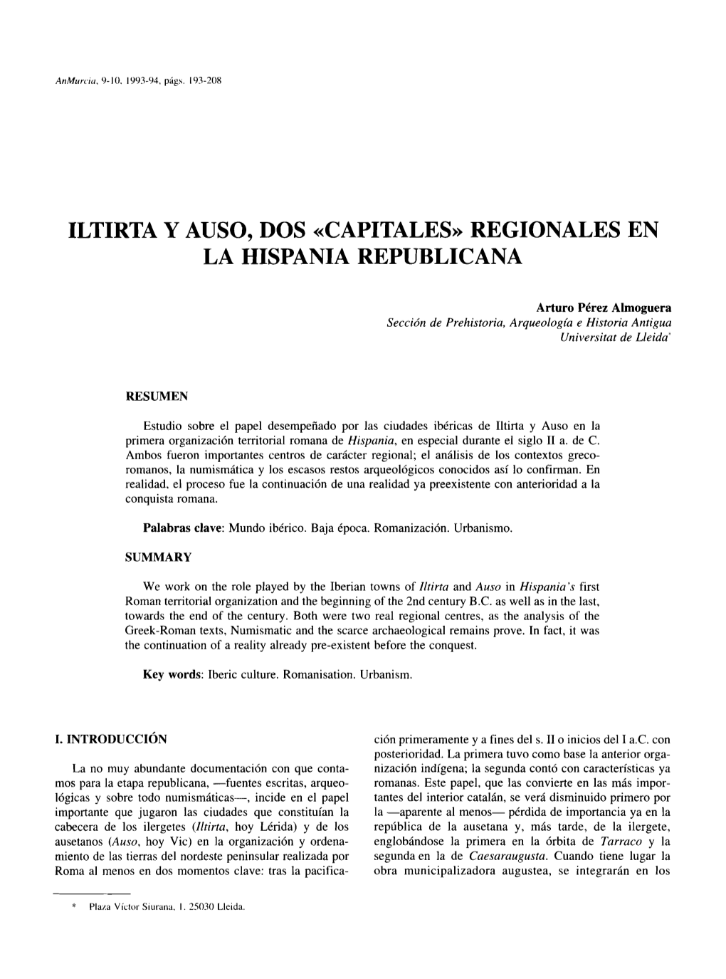 Iltirta Y Auso, Dos «Capitales» Regionales En La Hispania Republicana