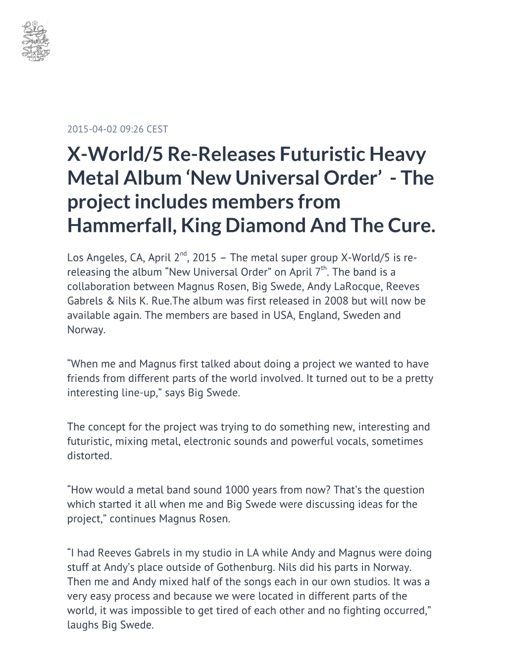 X-World/5 Re-Releases Futuristic Heavy Metal Album 'New Universal