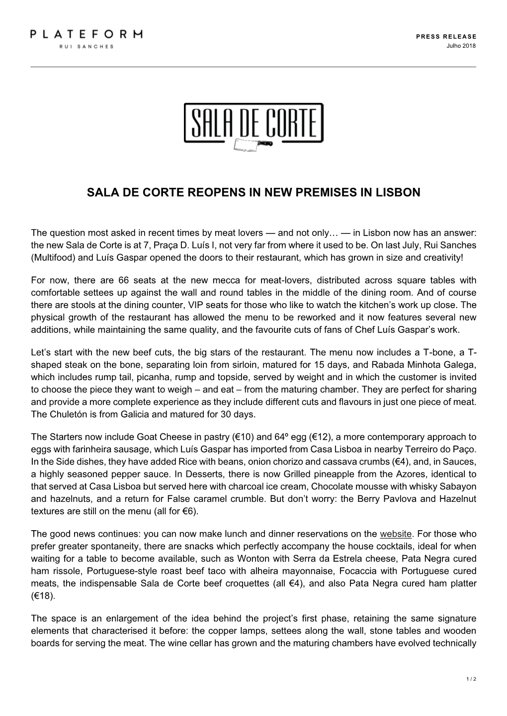 Sala De Corte Reopens in New Premises in Lisbon