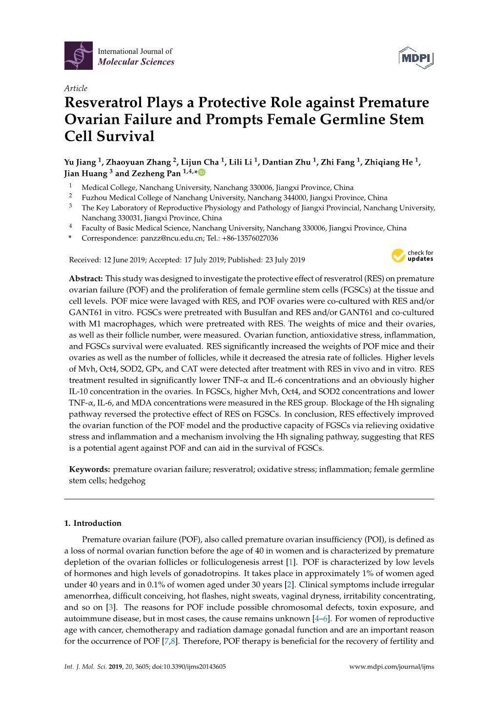 Resveratrol Plays a Protective Role Against Premature Ovarian Failure and Prompts Female Germline Stem Cell Survival