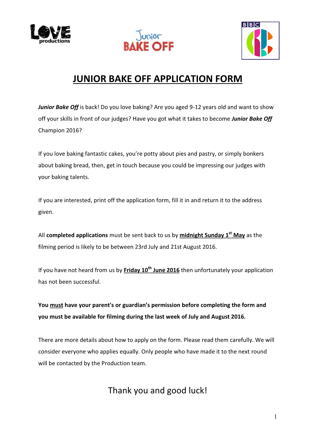 Junior Bake Off Application Form