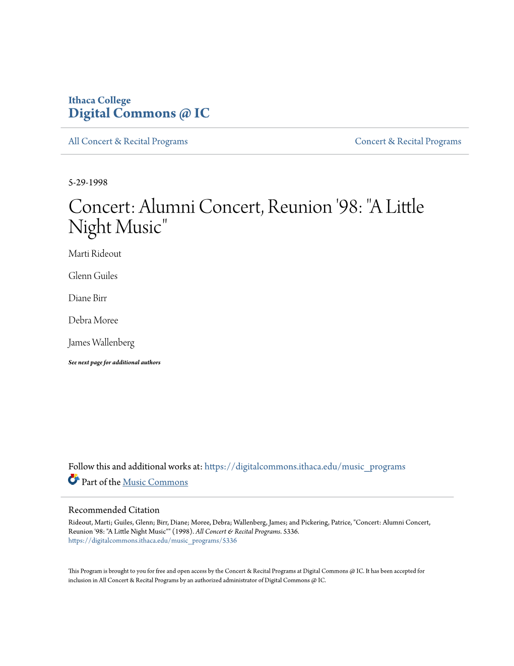 Alumni Concert, Reunion '98: "A Little Night Music" Marti Rideout