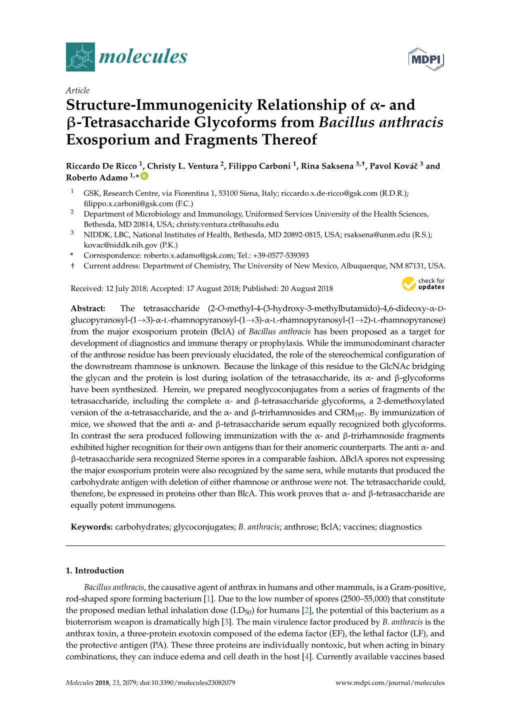 Tetrasaccharide Glycoforms from Bacillus Anthracis Exosporium and Fragments Thereof