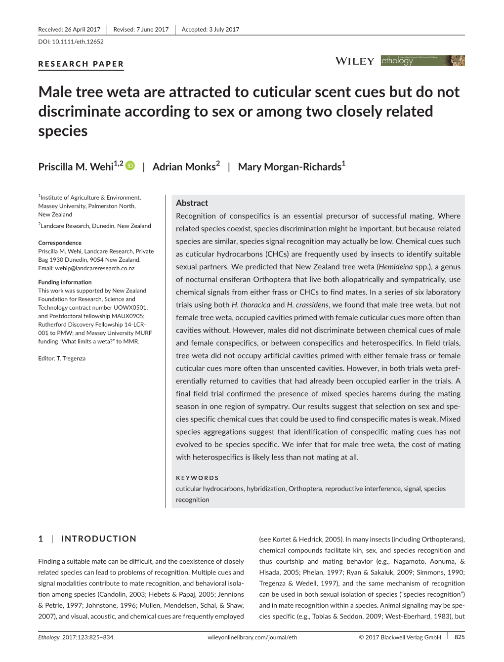 Male Tree Weta Are Attracted to Cuticular Scent Cues but Do Not Discriminate According to Sex Or Among Two Closely Related Species