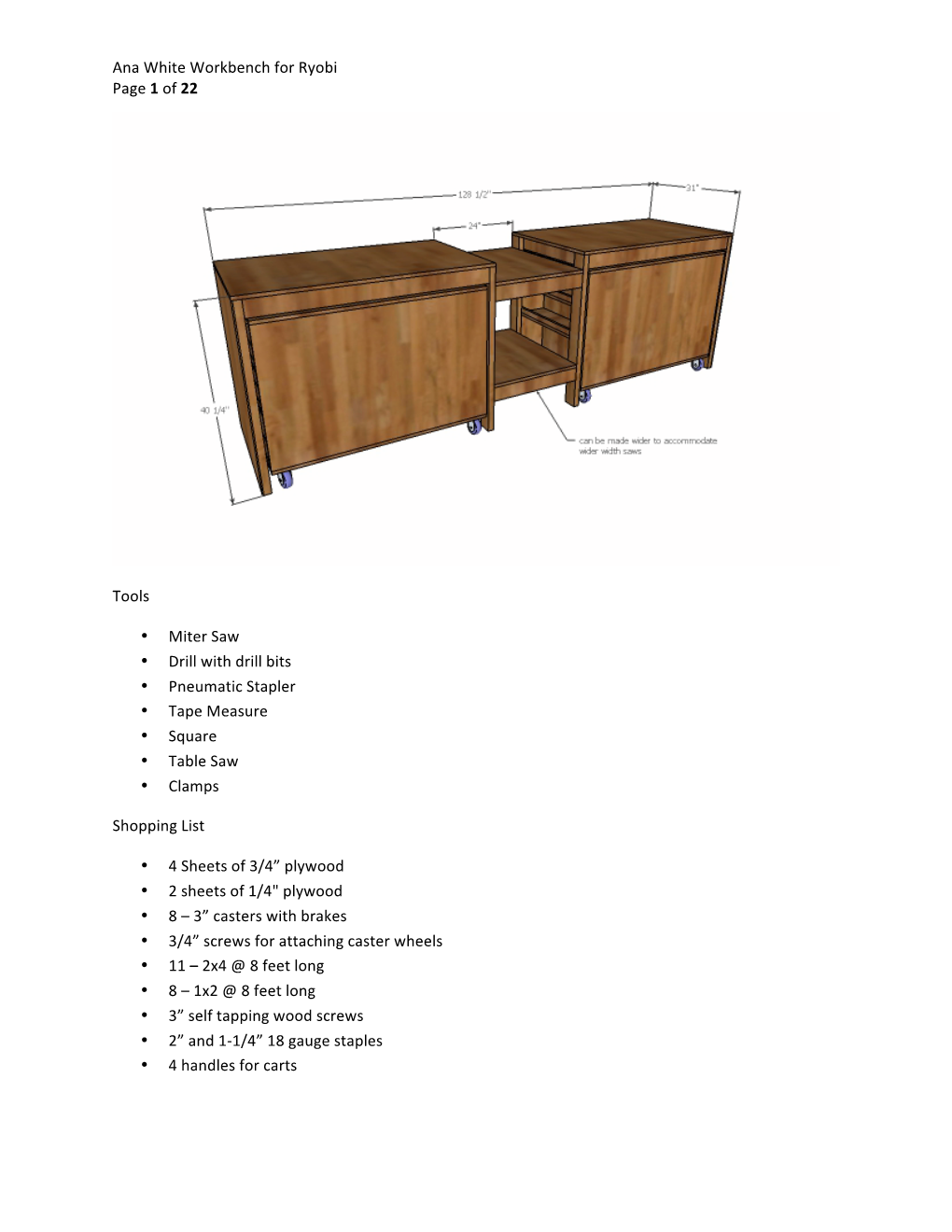 Ana White Workbench for Ryobi Page 1 of 22 Tools • Miter Saw •