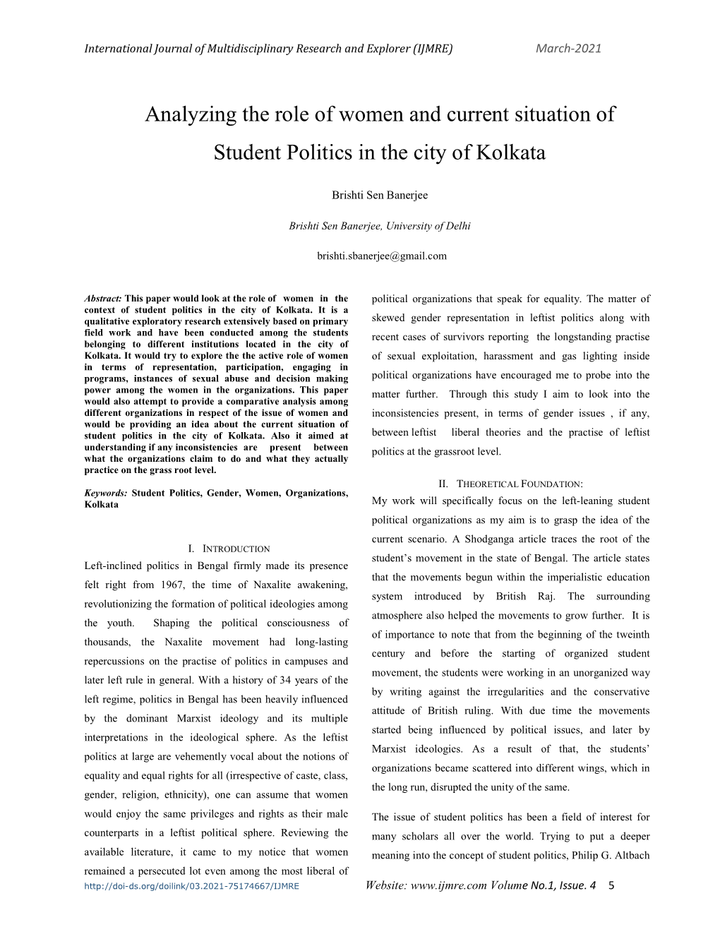 Analyzing the Role of Women and Current Situation of Student Politics in the City of Kolkata