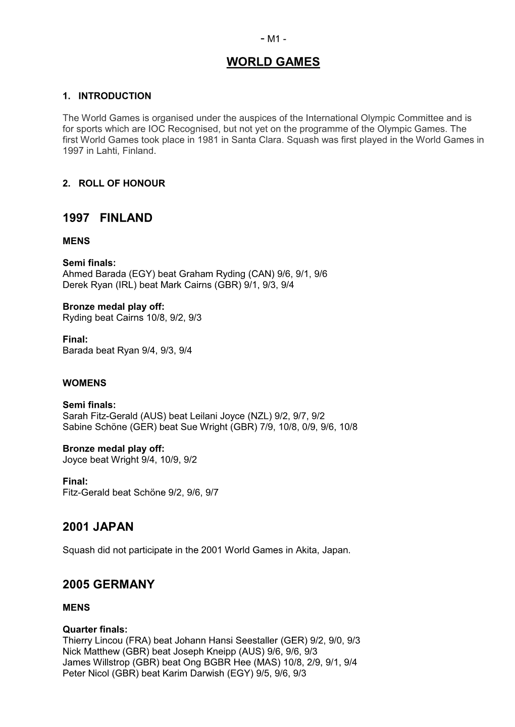 World Games 1997 Finland 2001 Japan 2005 Germany