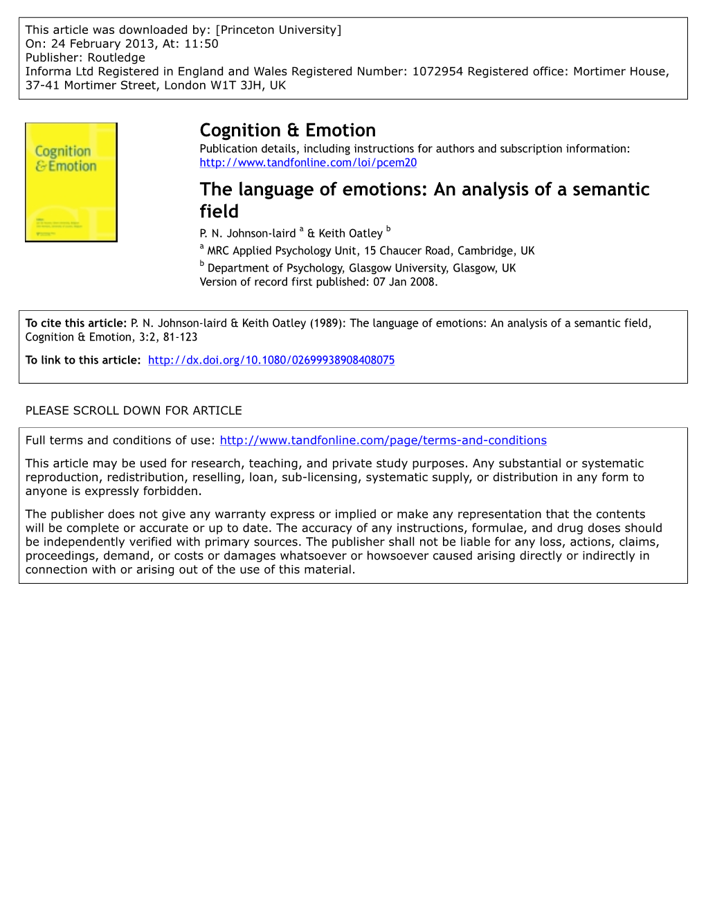 The Language of Emotions: an Analysis of a Semantic Field P