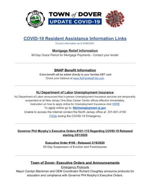 COVID-19 Resident Assistance Information Links Current Information As of 4/08/2020