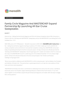 Family Circle Magazine and MASTERCHEF Expand Partnership by Launching All-Star Cruise Sweepstakes