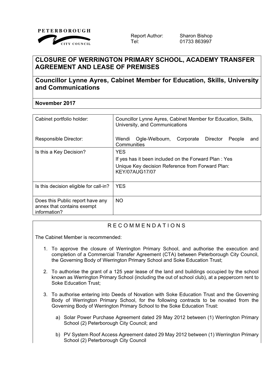 Closure of Werrington Primary School, Academy Transfer Agreement and Lease of Premises