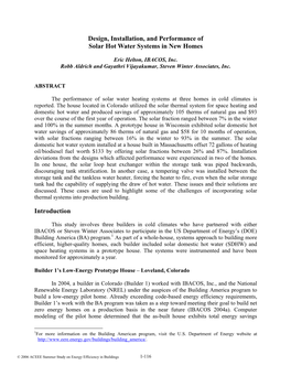 Design, Installation, and Performance of Solar Hot Water Systems in New Homes