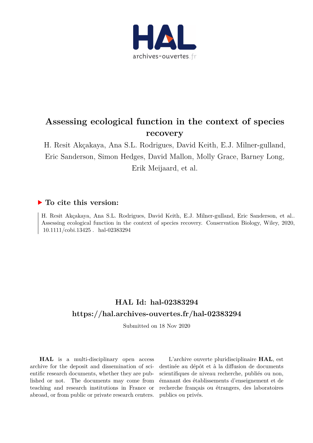 Assessing Ecological Function in the Context of Species Recovery H