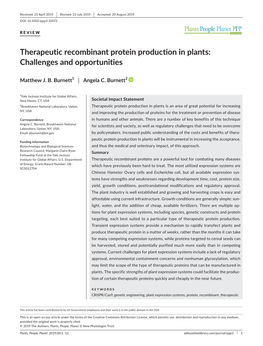 Therapeutic Recombinant Protein Production in Plants: Challenges and Opportunities