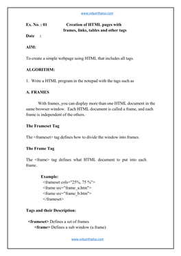 01 Creation of HTML Pages with Frames, Links, Tables and Other Tags Date