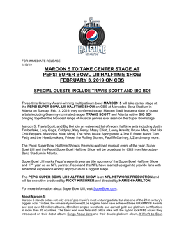 Maroon 5 to Take Center Stage at Pepsi Super Bowl Liii Halftime Show February 3, 2019 on Cbs