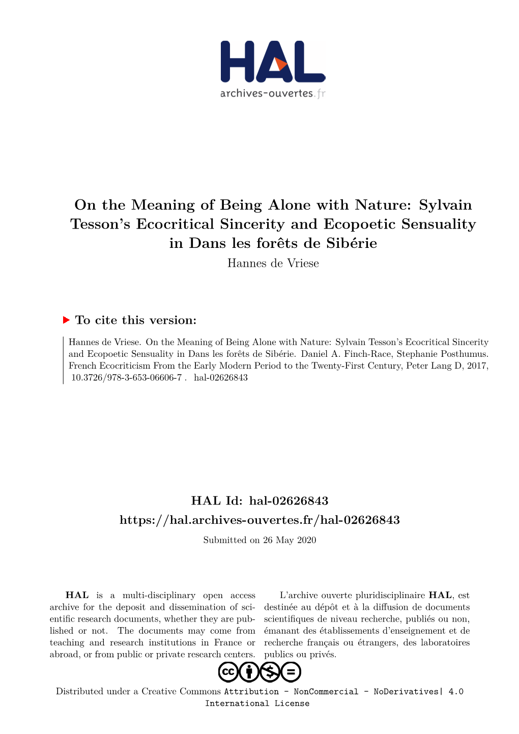 On the Meaning of Being Alone with Nature: Sylvain Tesson's Ecocritical