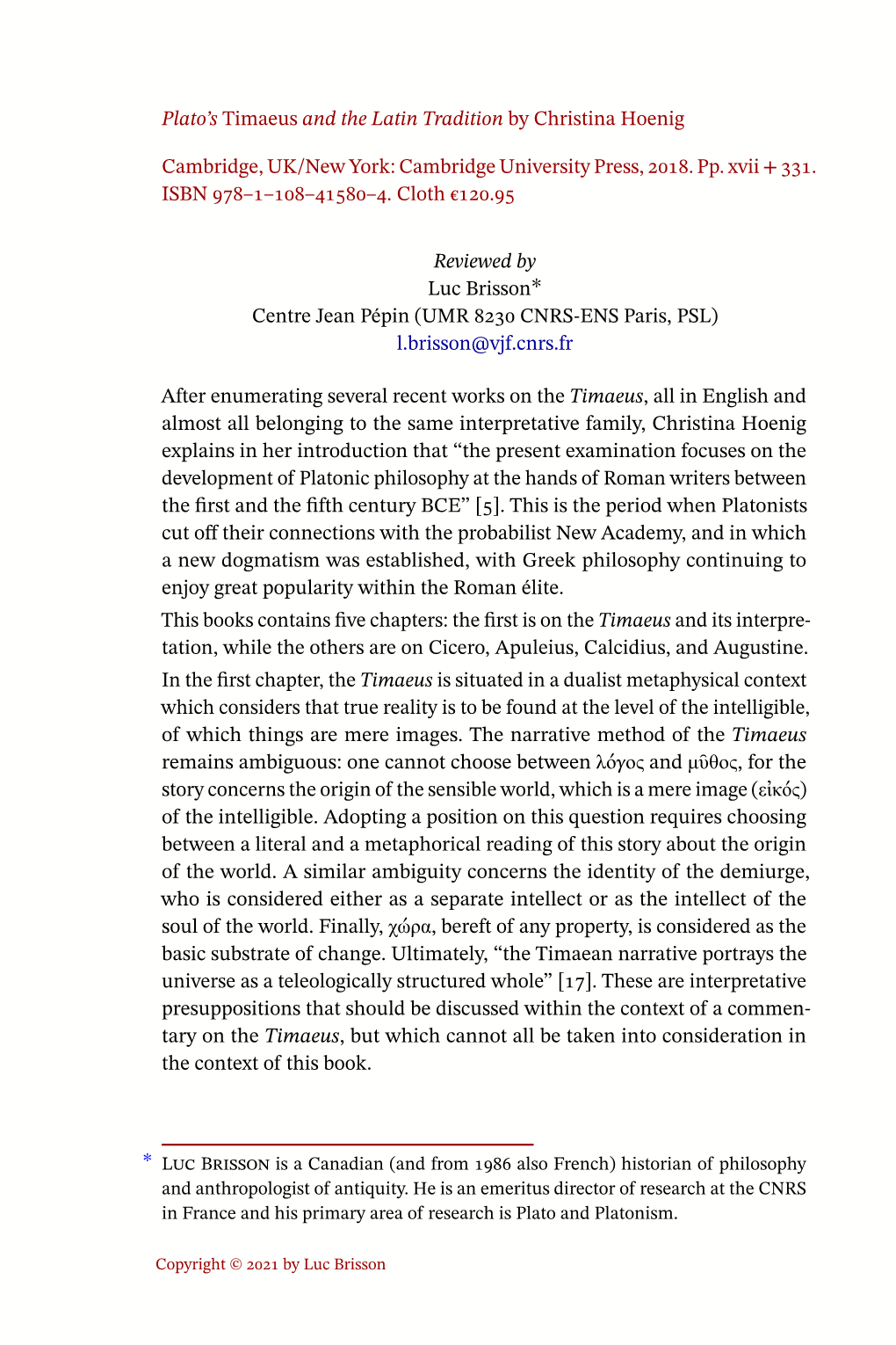 Plato's Timaeus and the Latin Tradition by Christina Hoenig