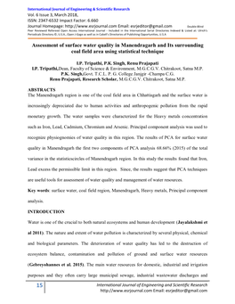 Assessment of Surface Water Quality in Manendragarh and Its Surrounding Coal Field Area Using Statistical Technique