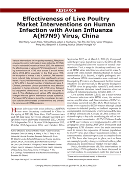 Effectiveness of Live Poultry Market Interventions on Human Infection with Avian Influenza A(H7N9) Virus, China Wei Wang,1 Jean Artois,1 Xiling Wang, Adam J