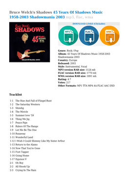 Bruce Welch's Shadows 45 Years of Shadows Music 1958-2003 Shadowmania 2003 Mp3, Flac, Wma