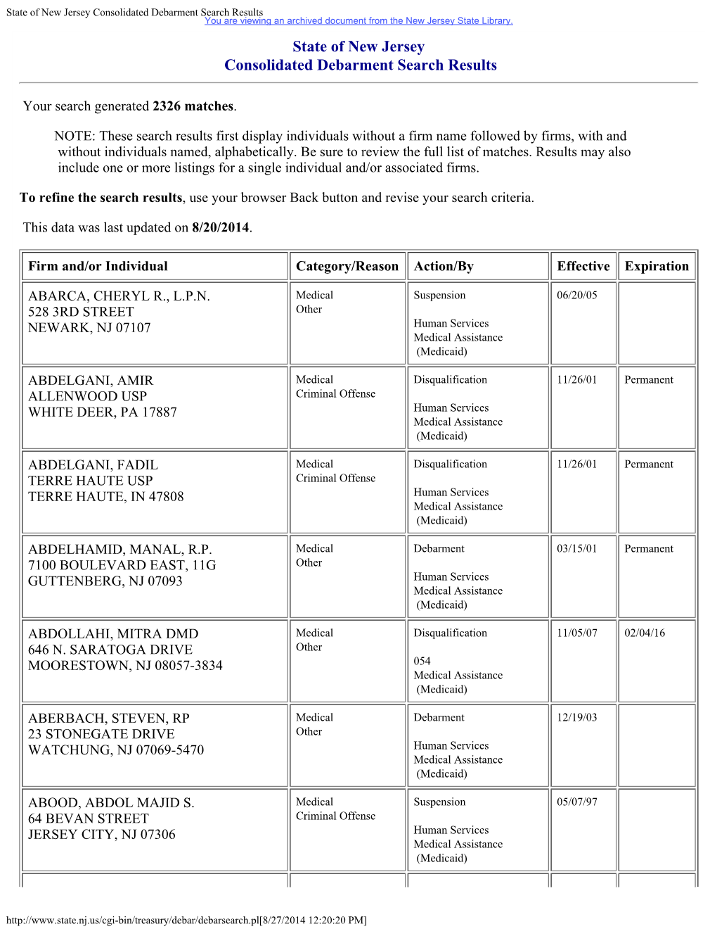 State of New Jersey Consolidated Debarment Search Results You Are Viewing an Archived Document from the New Jersey State Library