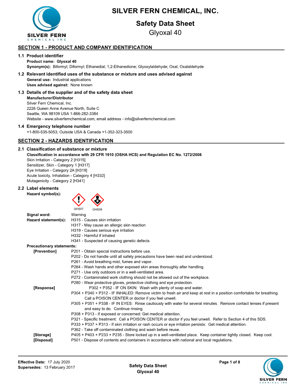 SILVER FERN CHEMICAL, INC. Safety Data Sheet Glyoxal 40