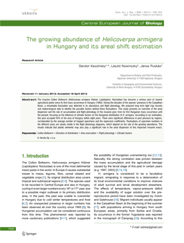 The Growing Abundance of Helicoverpa Armigera in Hungary and Its Areal Shift Estimation