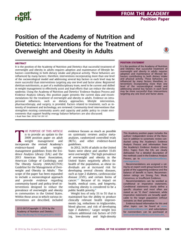 Position of the Academy of Nutrition and Dietetics: Interventions for the Treatment of Overweight and Obesity in Adults