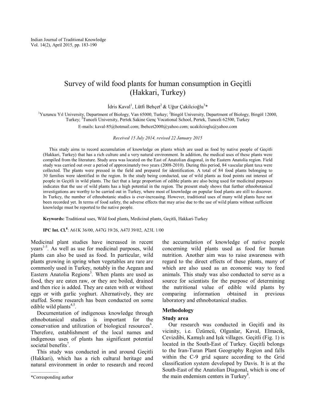 Survey of Wild Food Plants for Human Consumption in Geçitli (Hakkari, Turkey)