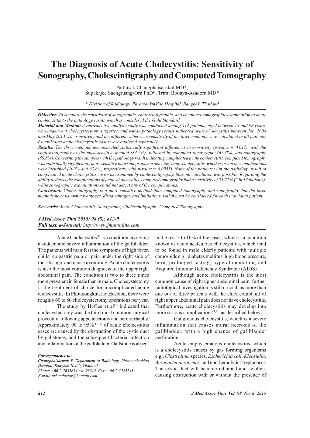 The Diagnosis of Acute Cholecystitis: Sensitivity of Sonography