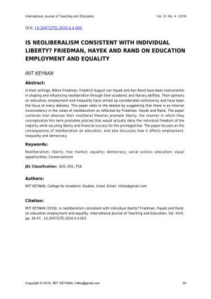 Is Neoliberalism Consistent with Individual Liberty? Friedman, Hayek and Rand on Education Employment and Equality