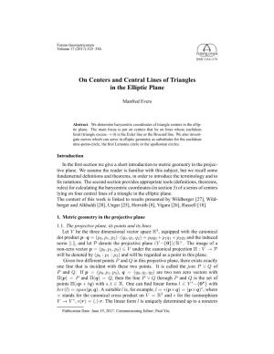 On Centers and Central Lines of Triangles in the Elliptic Plane
