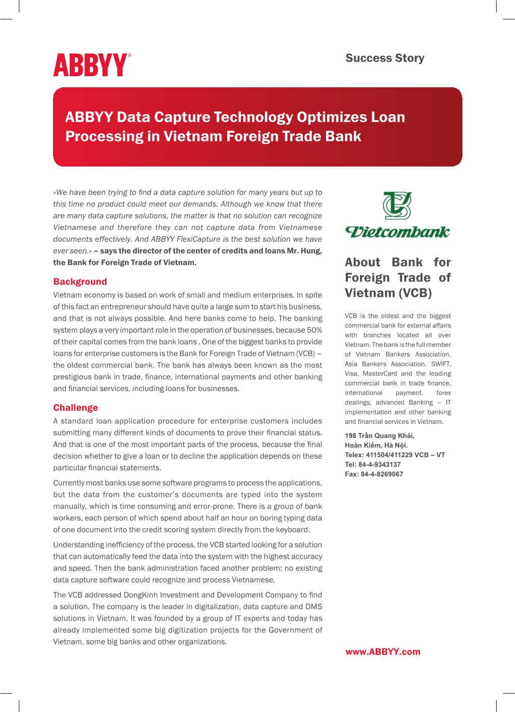 ABBYY Data Capture Technology Optimizes Loan Processing in Vietnam Foreign Trade Bank