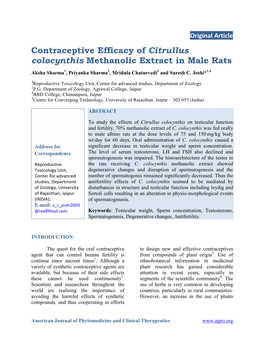 Contraceptive Efficacy of Citrullus Colocynthis Methanolic Extract in Male Rats Aksha Sharma1, Priyanka Sharma2, Mridula Chaturvedi3 and Suresh C