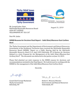 Letter to WRRB TG and ENR Letter Re Reasons for Decision for BNE