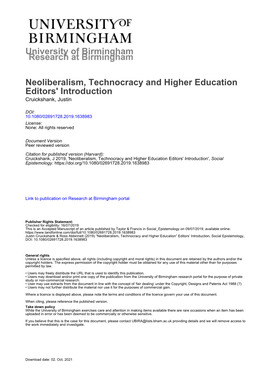 Neoliberalism, Technocracy and Higher Education Editors' Introduction Cruickshank, Justin