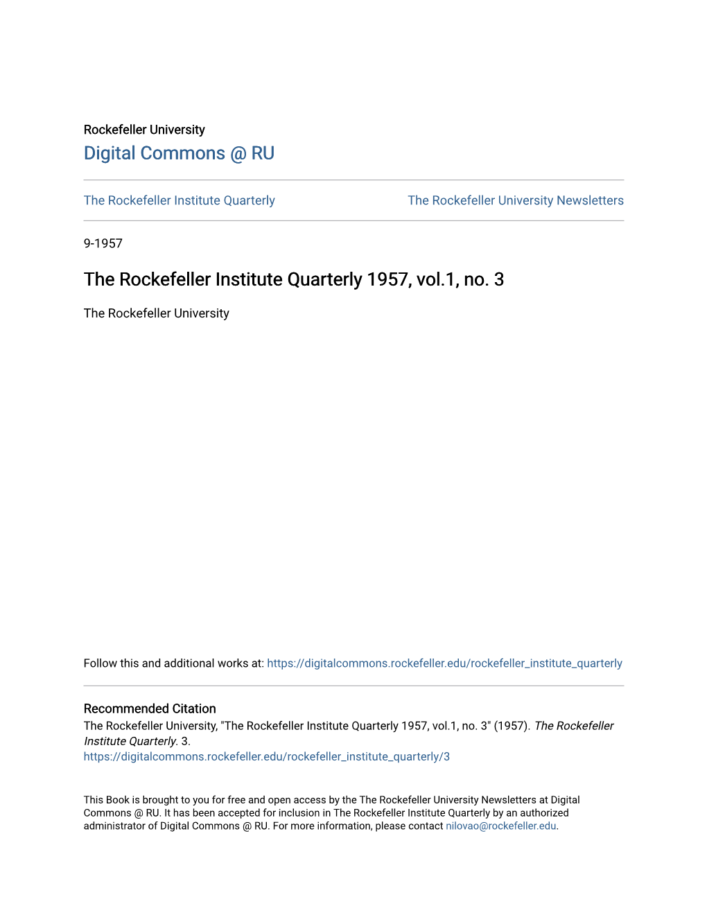 The Rockefeller Institute Quarterly 1957, Vol.1, No. 3