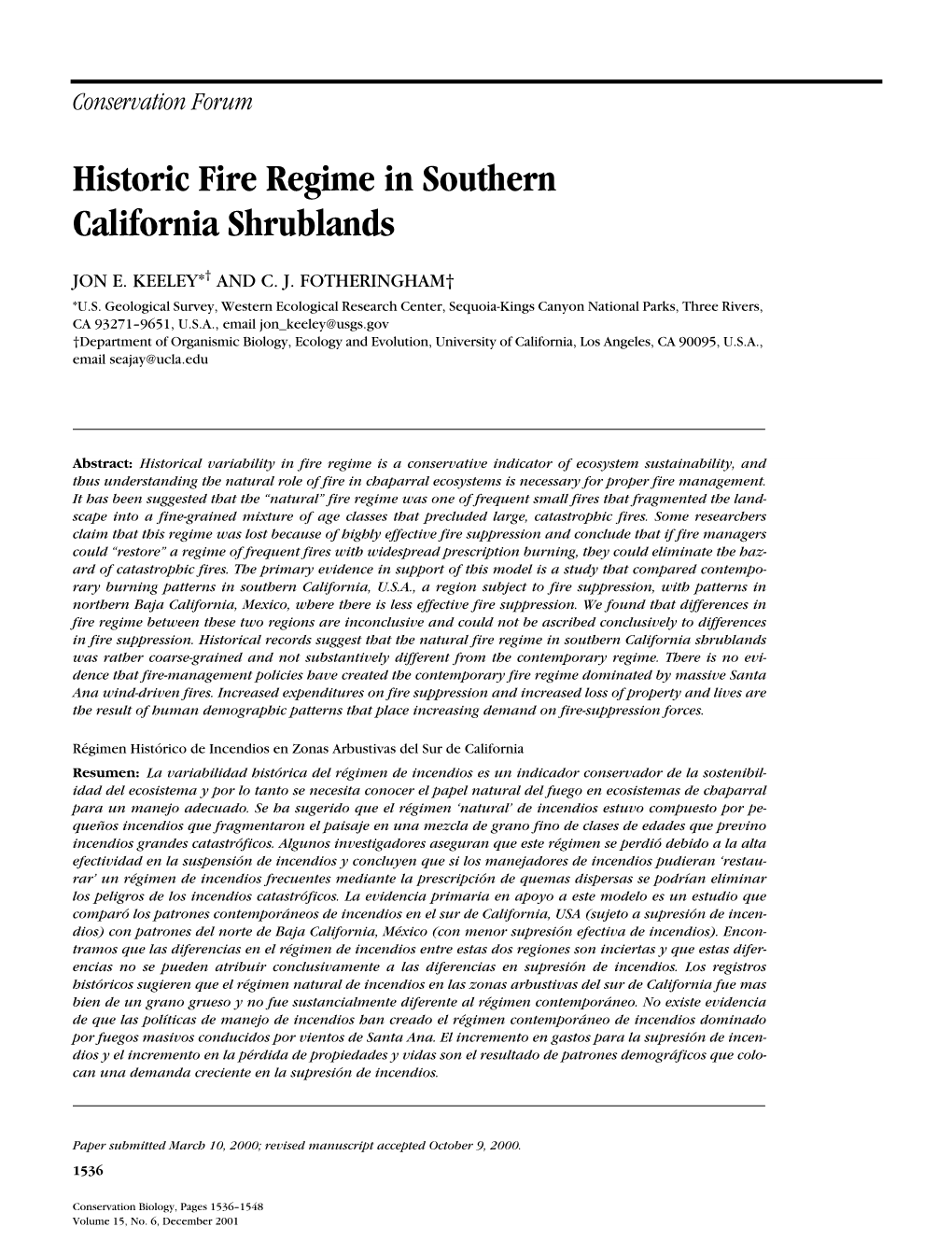 Historic Fire Regime in Southern California Shrublands