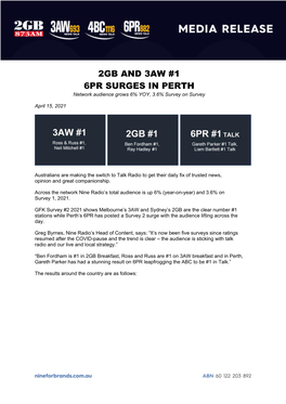 2GB and 3AW #1 6PR SURGES in PERTH Network Audience Grows 6% YOY, 3.6% Survey on Survey