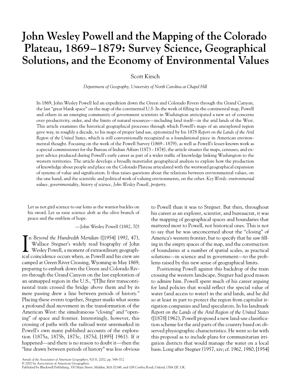John Wesley Powell and the Mapping of the Colorado Plateau, 1869–1879: Survey Science, Geographical Solutions, and the Economy of Environmental Values