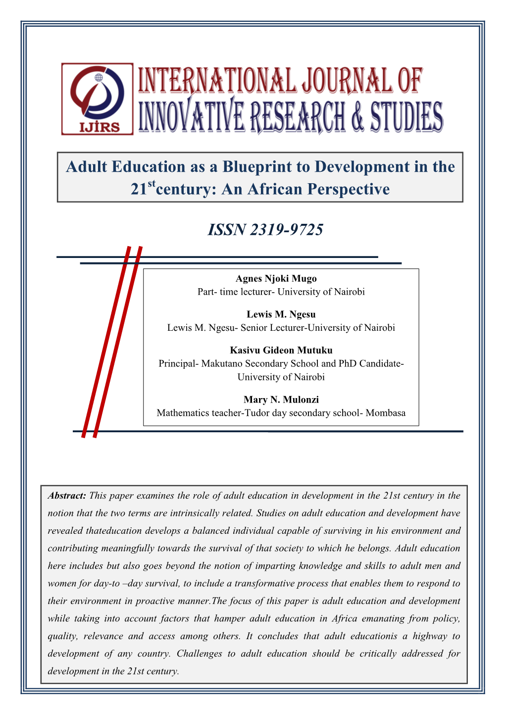 Adult Education As a Blueprint to Development in the St 21 Century: an African Perspective