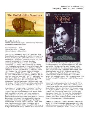 February 18, 2014 (Series 28: 4) Satyajit Ray, CHARULATA (1964, 117 Minutes)